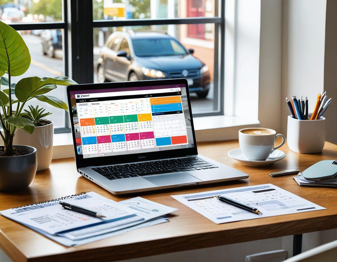 A digitally illustrated scene showing a modern desk setup with a laptop displaying a traffic ticket management website. Include a relaxed person, looking relieved and satisfied, with a coffee cup and documents neatly arranged. Use calming colors and emphasize a sense of efficiency and organization. Add small details like a calendar and a clock to indicate time management. vibrant colors. flat design.