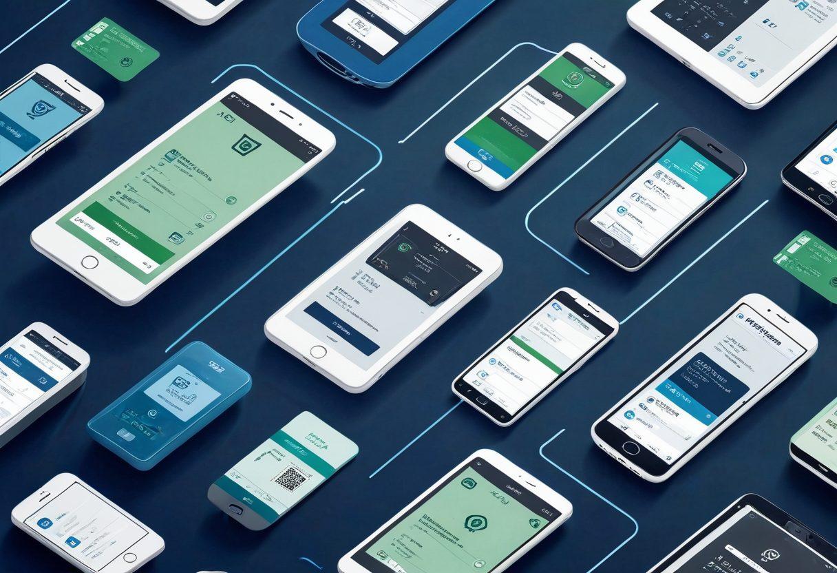 A collage of digital devices like smartphones and tablets displaying a sleek citation payment interface, with illustrations of speeding tickets and parking violations in the background. Include a visual representation of an easy payment process with arrows and checkmarks. The scene evokes a sense of efficiency and modernity, with a color palette of blues and greens. super-realistic. vibrant colors. 3D.